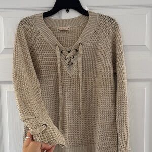 Women's Beige Lace-Up Sweater
